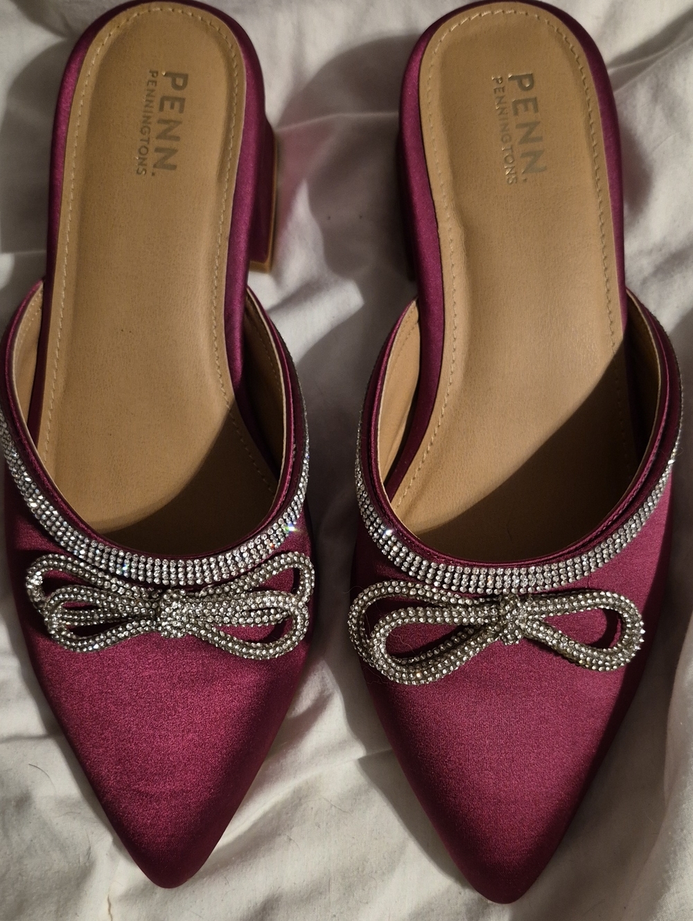 Penningtons Magenta Satin Pointed Toe Mules with Crystal Bow